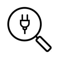 Magnifying glass with plug linear icon. Thin line illustration. Search contour symbol. Vector isolated outline drawing