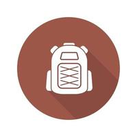 Mochila de diseño plano icono de glifo de sombra larga. mochila de turista. ilustración de silueta de vector