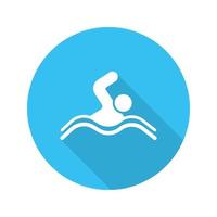 nadador diseño plano larga sombra glifo icono. hombre nadando. ilustración de silueta de vector
