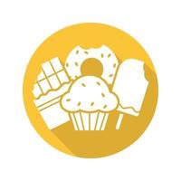 dulces diseño plano larga sombra glifo icono. confitería. barra de chocolate, rosquilla, muffin con pasas, helado. ilustración de silueta de vector