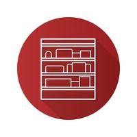 Shop shelves flat linear long shadow icon. Supermarket stand with goods. Vector outline symbol