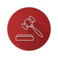 Gavel flat linear long shadow icon. Court hammer. Auction bid. Vector outline symbol