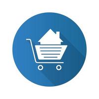 Shopping cart with house inside. Flat design long shadow glyph icon. Property purchase. Vector silhouette illustration