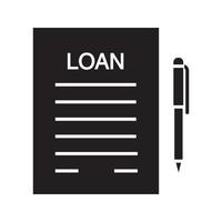 Loan agreement glyph icon. Contract silhouette symbol. Mortgage document with pen. Negative space. Vector isolated illustration