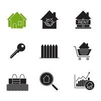 Real estate market glyph icons set. Silhouette symbols. Neighborhood, house for rent, key, fence, swimming pool, real estate deal, shopping cart with house inside. Vector isolated illustration
