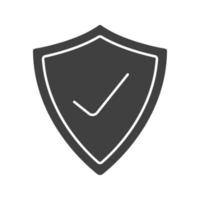 Security check glyph icon. Silhouette symbol. Protection shield with tick mark. Negative space. Vector isolated illustration