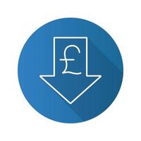 Pound rate falling flat linear long shadow icon. Great Britain pound with down arrow. Vector outline symbol