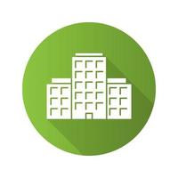 Icono de glifo de larga sombra de diseño plano de edificio de varios pisos. edificio de apartamentos. bloque de pisos. ilustración de silueta de vector