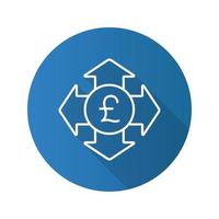 Money spending flat linear long shadow icon. Great Britain pound with all direction arrows. Expanses. Vector outline symbol