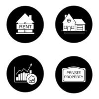 Real estate market glyph icons set. House for rent, cottage, private property sign, market growth chart. Vector white silhouettes illustrations in black circles