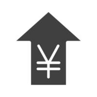 Yen rate rising glyph icon. Silhouette symbol. China and Japan currency with up arrow. Negative space. Vector isolated illustration