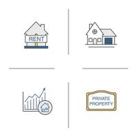 Real estate market color icons set. House for rent, cottage, private property sign, market growth chart. Isolated vector illustrations