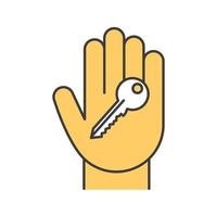 Hand with key color icon. Realty purchase. Private property owner. Isolated vector illustration