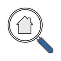 Real estate search color icon. Looking for apartment. House hunt. Magnifying glass with building inside. Real estate agency. Isolated vector illustration