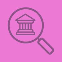 Bank search color linear icon. Magnifying glass with bank building. Thick line outline symbols on color background. Vector illustration