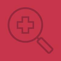 Hospital search linear icon. Magnifying glass with medical cross. Thick line outline symbols on color background. Vector illustration