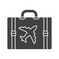 Travel luggage suitcase glyph icon. Silhouette symbol. Suitcase with airplane. Negative space. Vector isolated illustration