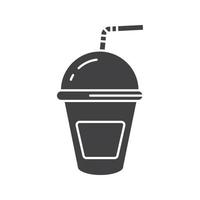Refreshing soda drink glyph icon. Silhouette symbol. Lemonade paper cup with straw. Negative space. Vector isolated illustration