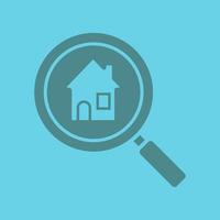 Real estate search glyph color icon. Silhouette symbol. Find house for rent. Magnifying glass with home. Negative space. Vector isolated illustration