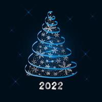 Magic lush silver Christmas tree of snowflakes with a blue ribbon on a dark blue background. Merry Christmas and Happy New Year 2022. Vector illustration.