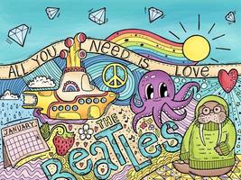 The Beatles songs. Hand-drawn zen doodle, zen art. All you need is love. Octopus's Garden. Yellow Submarine. The Beatles day - January 16. Strawberry Fields forever. Lucy in the sky with diamond. vector