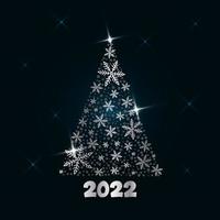 Magic silver Christmas tree of snowflakes with sparkling stars on a dark background. Merry Christmas and Happy New Year 2022. Vector illustration.