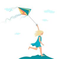 A girl runs with a kite vector