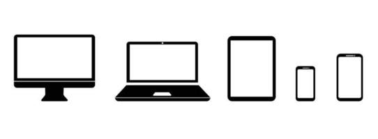 conjunto de pantalla del dispositivo - monitor de computadora de tableta de teléfono inteligente portátil. pc, computadora portátil, teléfono inteligente, tableta, simple, iconos, conjunto vector