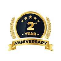 Second Anniversary golden badge with ribbon and laurel emblem style vector