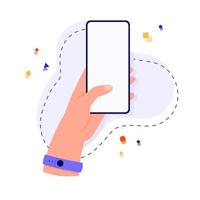 Hand with finger on a mobile phone. Template of hand and smartphone on abstract background. Flat cartoon vector illustration.