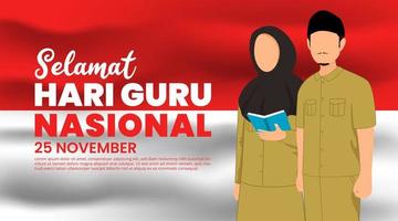 Selamat hari guru nasional or happy Indonesia teachers day background with teachers stand in front of flag vector