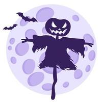 Silhouette of a Halloween scarecrow on a background of a full moon and bats. vector