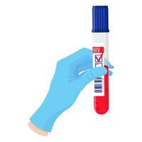 Vector cartoon doctors hand in blue glove holding test tube.