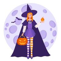 niña bruja con una bola de fuego en la mano y calabaza naranja de halloween en el fondo de una luna llena y murciélagos. vector