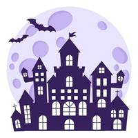 Halloween silhouette of a medieval haunted castle on the background of a full moon and bats. vector