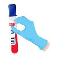 Vector cartoon doctors hand in blue glove holding test tube.