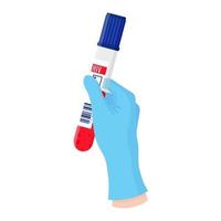 Vector cartoon doctors hand in blue glove holding test tube.