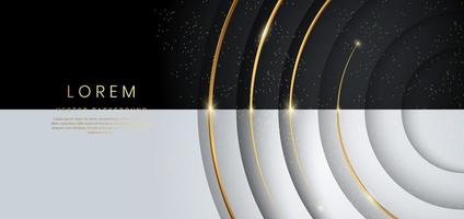 Abstract modern circles layers on black and white background with gold glowing and lighting luxury style.