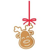 Christmas festive deer gingerbread cookie covered by white icing with red ribbon. vector