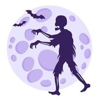 silueta de un zombi en el fondo de la luna llena y murciélagos. vector