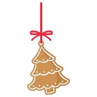 Christmas festive Christmas tree gingerbread cookie covered by white icing with red ribbon. vector