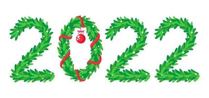 The inscription 2022, the numbers are depicted in the form of a Christmas tree and wreath. Happy new year 2022. vector