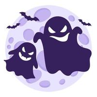 siluetas de fantasmas o fantasmas volando con diferentes emociones en contra de la luna llena y los murciélagos. vector