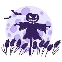 Silhouette of a Halloween scarecrow in a wheat field against the background of a full moon and bats. vector