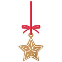 Christmas festive star cookie covered by white icing with red ribbon. vector