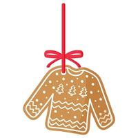 Christmas festive sweater gingerbread cookie covered by white icing with red ribbon. vector