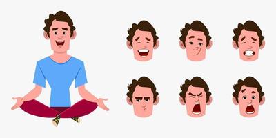 personaje de dibujos animados casual hombre haciendo yoga o meditación relajante. Carácter de empresario con diferentes tipos de expresión facial. vector