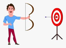 casual cartoon man character arching in business profit target vector