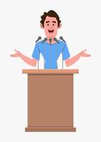 casual cartoon man character speaker stands behind the podium and speaks.  Flat style cartoon character for your design, motion or animation vector