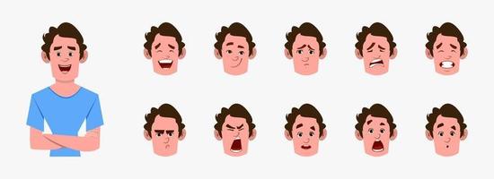 casual cartoon man character with different facial expression set.  different facial emotions for custom animation vector